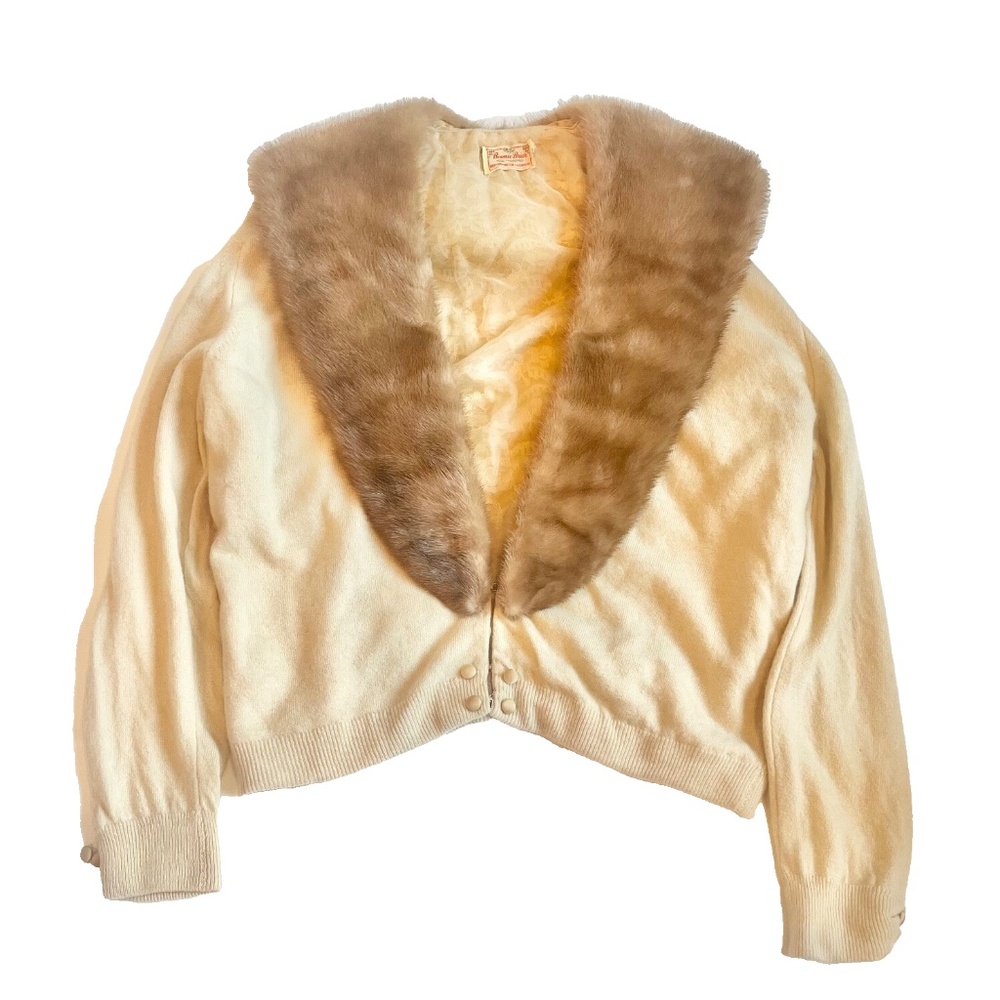 Vtg 1960's Bonnie Briar Ivory Cashmere Real Fur Collar Sweater Satin Buttons FAB